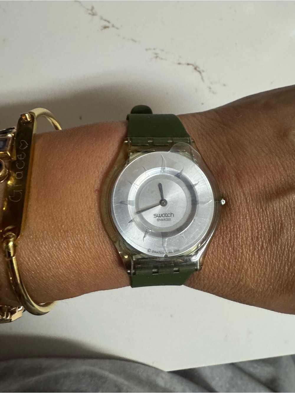 Swatch Olive Green Strap Silver Dial Minimalist Watch